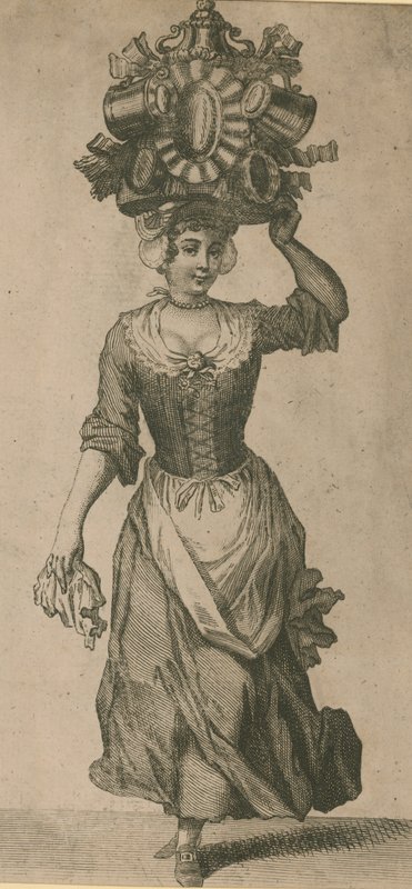 A Woman Carrying a Variety of Metal Objects on Her Head by English School
