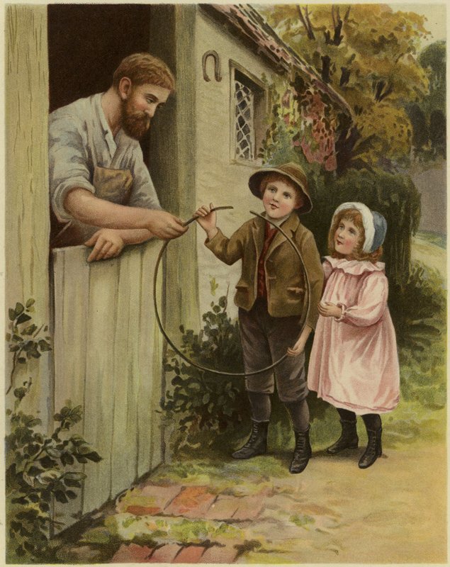 A Young Boy and Young Girl Giving a Broken Hoop to a Blacksmith for Repair by English School