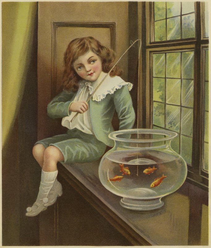 A Young Boy Dangling a Fishing Rod into a Bowl of Goldfish by English School