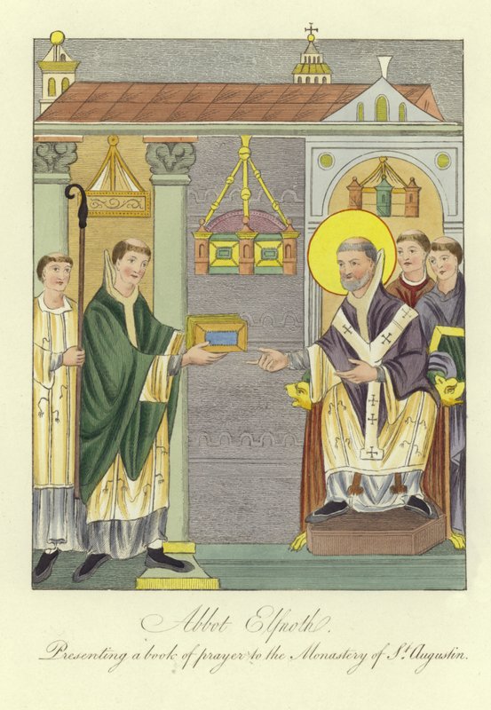 Abbot Elfnoth presenting a book of prayer to the Monastery of St Augustine by English School