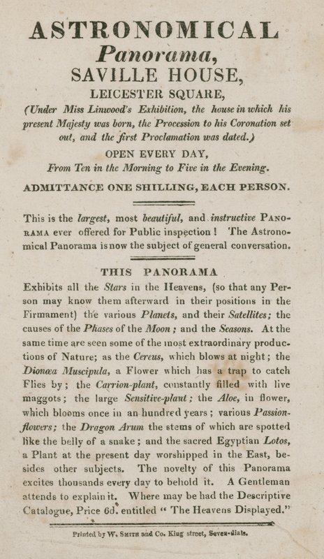 Advert for Astronomical Panorama, Savile House, Leicester Square, London by English School