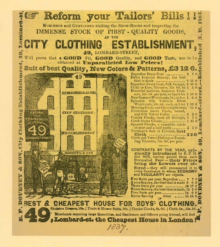 Advert for Doudney & Son, City Clothing Establishment, 49 Lombard Street, London by English School