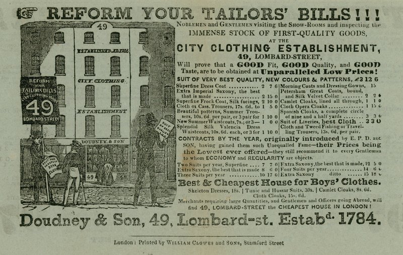 Advert for Doudney & Son, City clothing establishment, 49 Lombard Street, London by English School