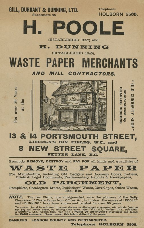 Advert for H Poole and H Dunning, Waste Paper Merchants and Mill Contractors by English School