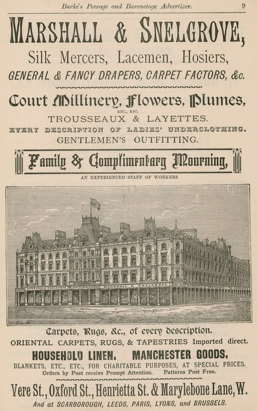 Advert for Marshall & Snelgrove, Silk Mercers, Lacemen, Hosiers by English School