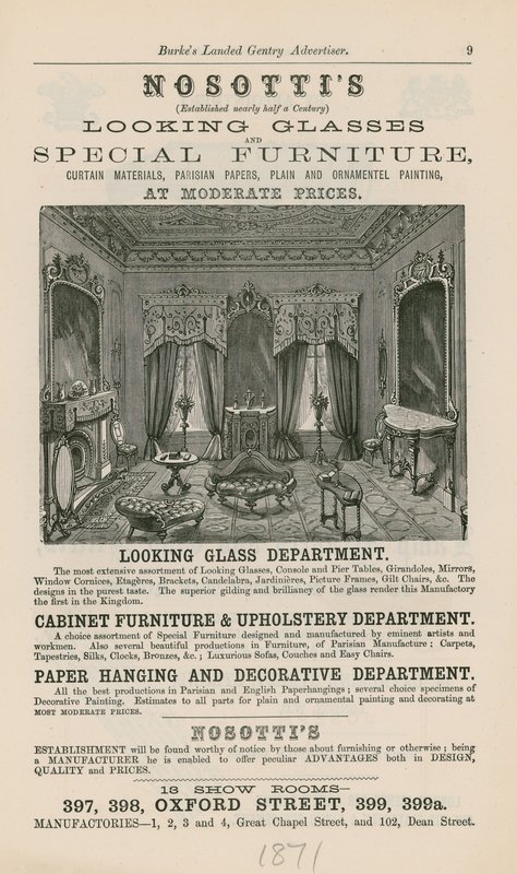 Advert for Nosottis Looking Glasses and Special Furniture by English School