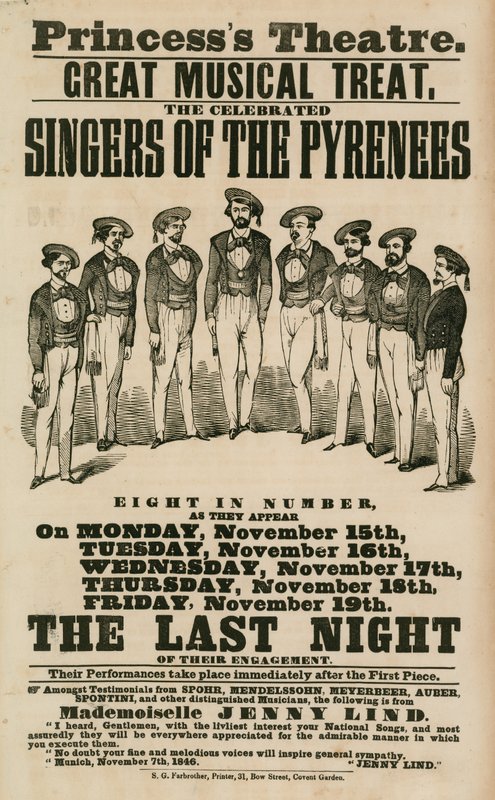 Advert for Princess Theatre, London, featuring the singers of the Pyrenees by English School