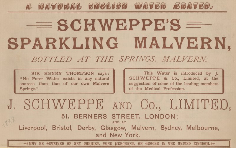Advert for Schweppes Sparkling Malvern, bottled at the springs, Malvern by English School