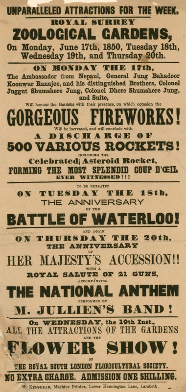 Advert for Surrey Zoological Gardens, Kennington, London by English School