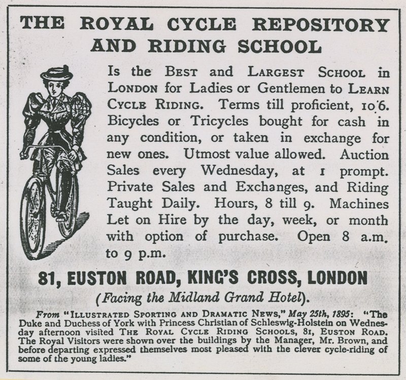 Advert for The Royal Cycle Repository and Riding School by English School