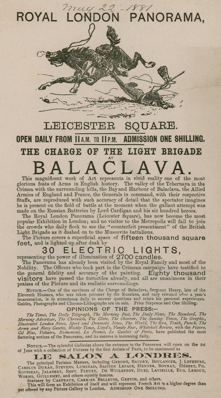 Advert for The Royal London Panorama Featuring the Charge of the Light Brigade at Balaclava by English School