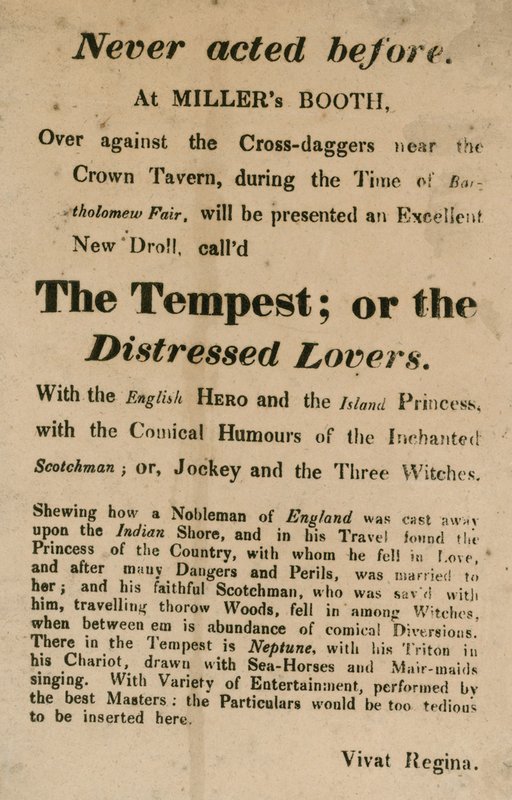 Advert for The Tempest; or, The Distressed Lovers, Performed at Millers Booth, Cross Daggers, Near the Crown Tavern by English School