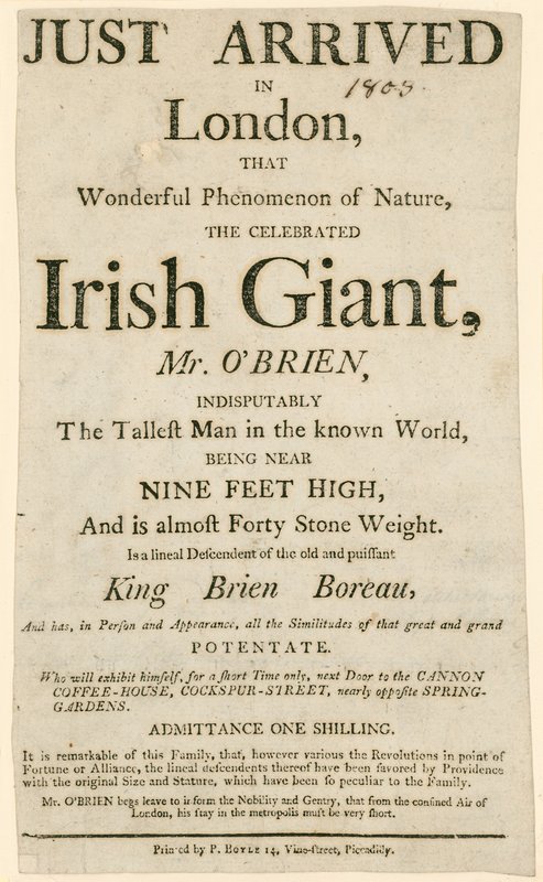 Advert for an Appearance of Charles Byrne, aka O
