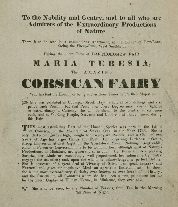 Advert for an appearance of Madame Maria Teresia, the Corsican Fairy by English School
