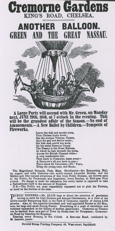 Advert for balloon ascent, Cremorne Gardens, Chelsea by English School