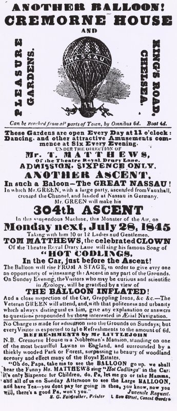 Advert for balloon ascent, Cremorne Gardens, Chelsea by English School