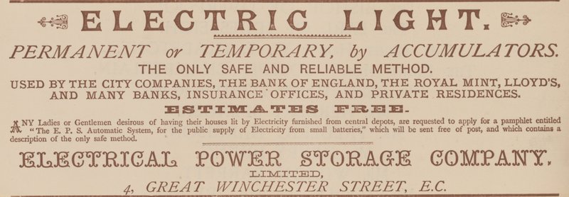 Advert for the Electrical Power Storage Company by English School