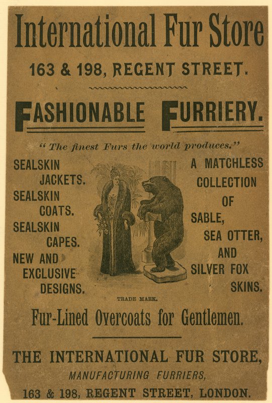 Advert for the International Fur Store, 163 & 198 Regent Street, London by English School