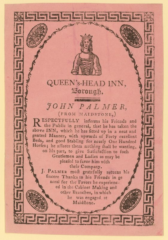 Advert for the Queens Head Inn, Borough, London by English School