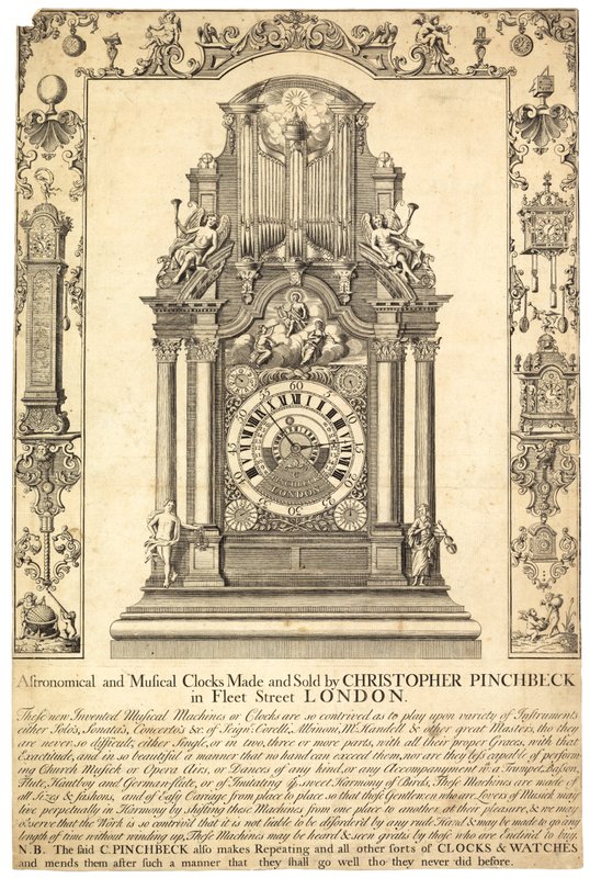 Advertisement for Christopher Pinchbeck Astronomical and Musical Clocks by English School