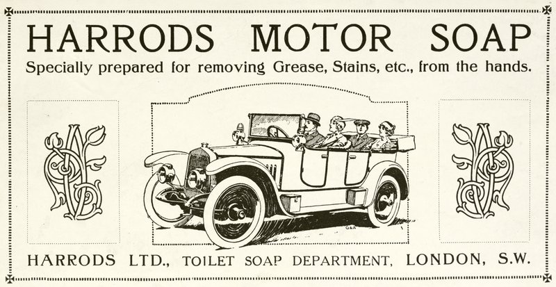 Advertisement for Harrods motor soap by English School