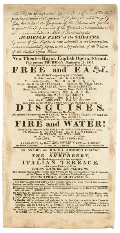 Advertisement for New Theatre Royal, English Opera, Strand, London, for 11 September 1817, Mentioning Gas Lighting by English School