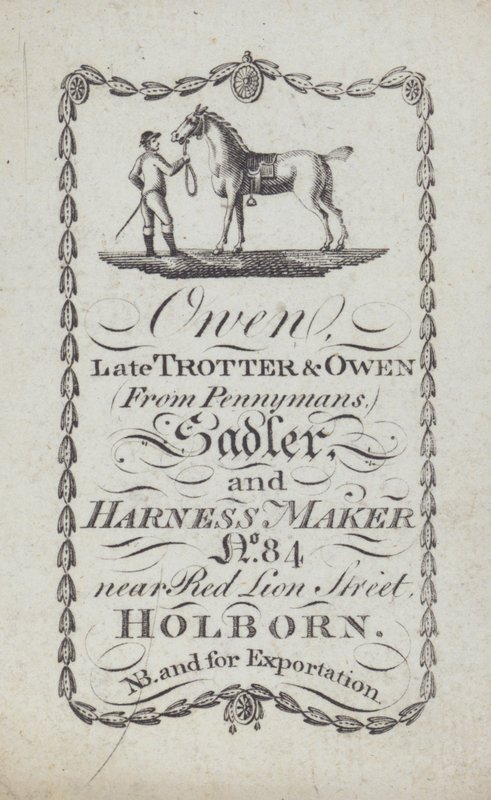 Advertisement for Owen, saddler and harness maker, London by English School