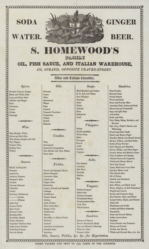 Advertisement for S Homewoods Oil, Fish Sauce and Italian Warehouse by English School