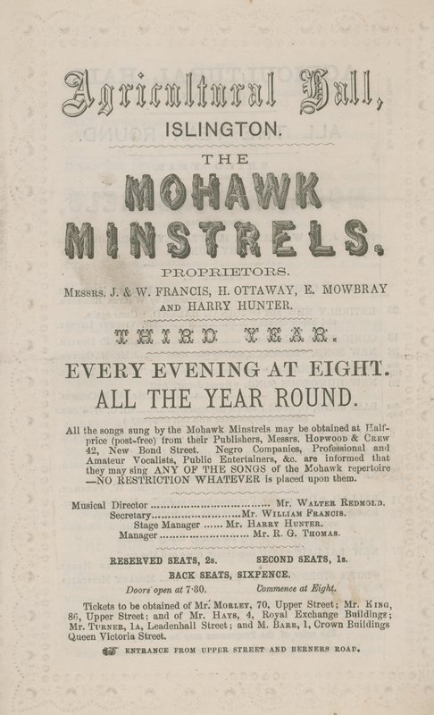 Advertisement for The Mohawk Minstrels at the Agricultural Hall by English School