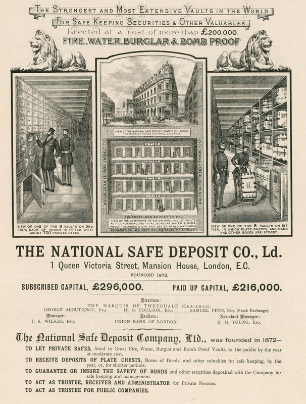Advertisement for The National Safe Deposit Company, 1 Queen Victoria Street, Mansion House, London by English School