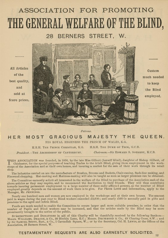 Advertisement for the Association for Promoting the General Welfare of the Blind by English School