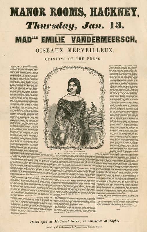 Advertisement for the appearance of Mademoiselle Emilie Vandermeersch, Oiseaux Merveilleaux at the Manor Rooms, Hackney, London by English School
