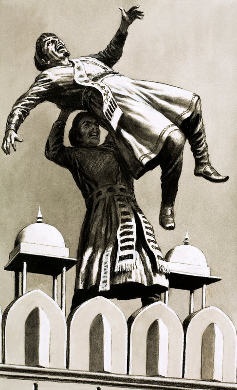 Akbar, King of Hindustan, threw the murderer Adham Khan from the top of the palace by English School