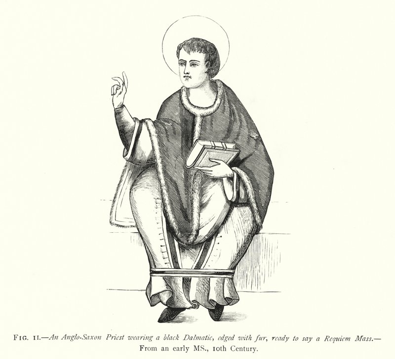 An Anglo-Saxon Priest Wearing a Black Dalmatic, Edged with Fur, Ready to Say a Requiem Mass by English School