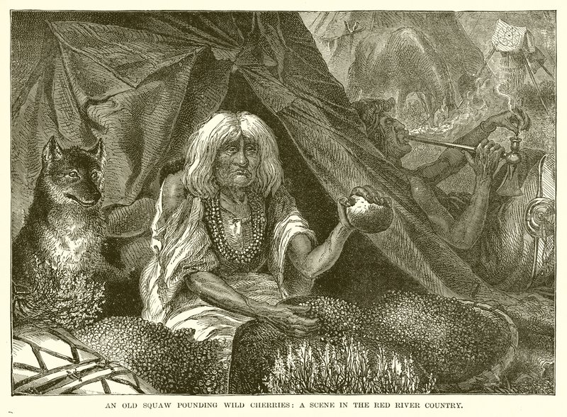 An Old Squaw Pounding Wild Cherries: A scene in the Red River Country by English School