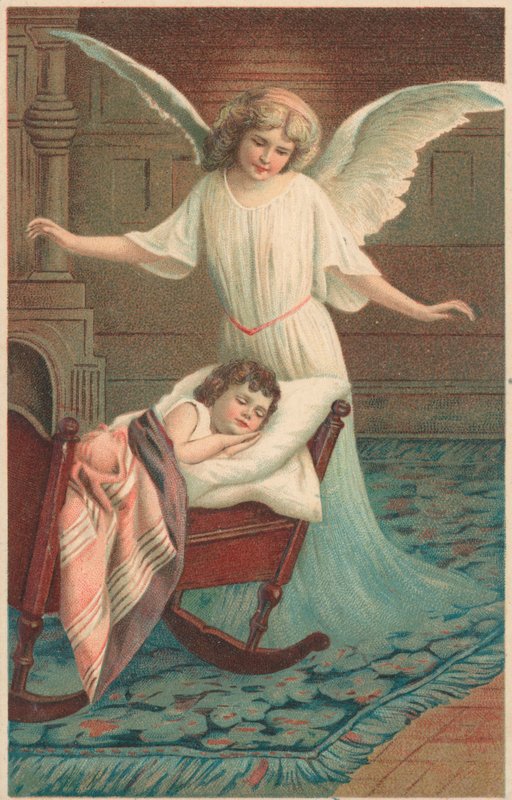 An angel standing over a child sleeping in a cot by English School