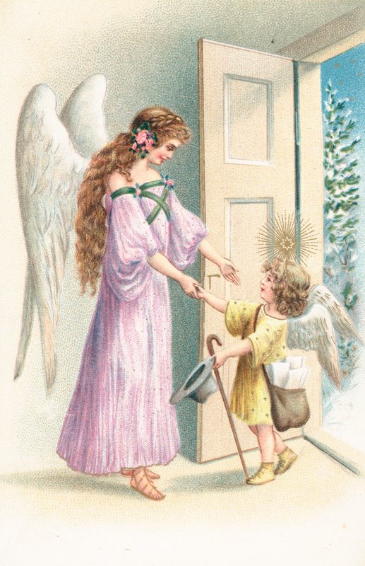 An angel stands by an open door welcoming a cherub by English School