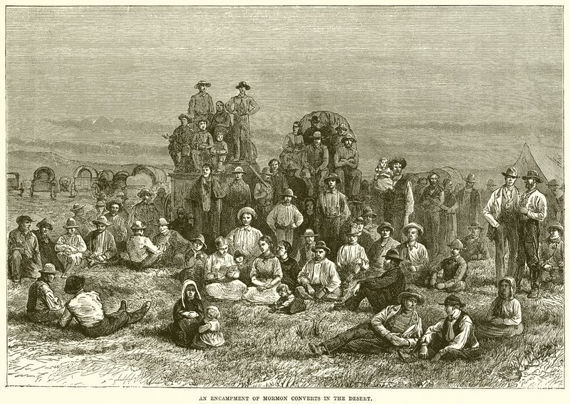 An encampment of Mormon converts in the desert by English School