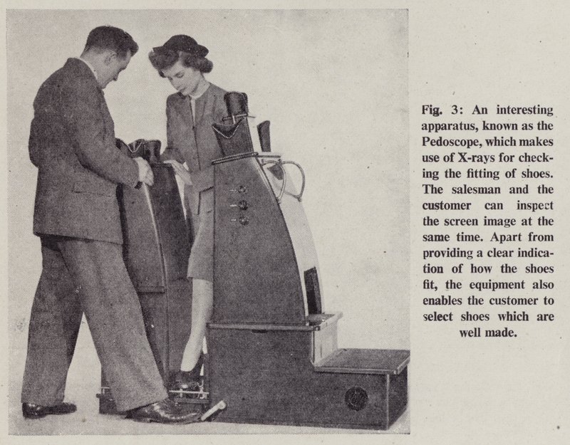 An interesting apparatus, known as the Pedoscope, which makes use of X-rays for checking the fitting of shoes (litho) by English School