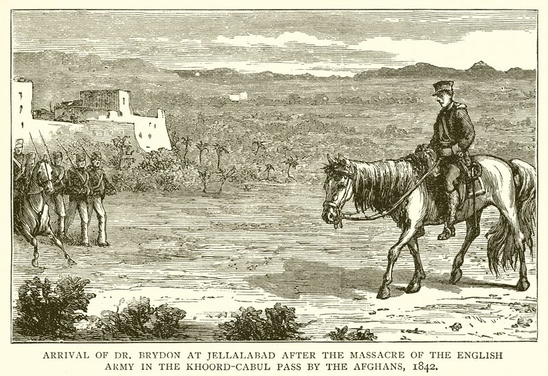 Arrival of Dr. Brydon at Jellalabad after the Massacre of the English Army in the Khoord-Cabul Pass by the Afghans, 1842 by English School