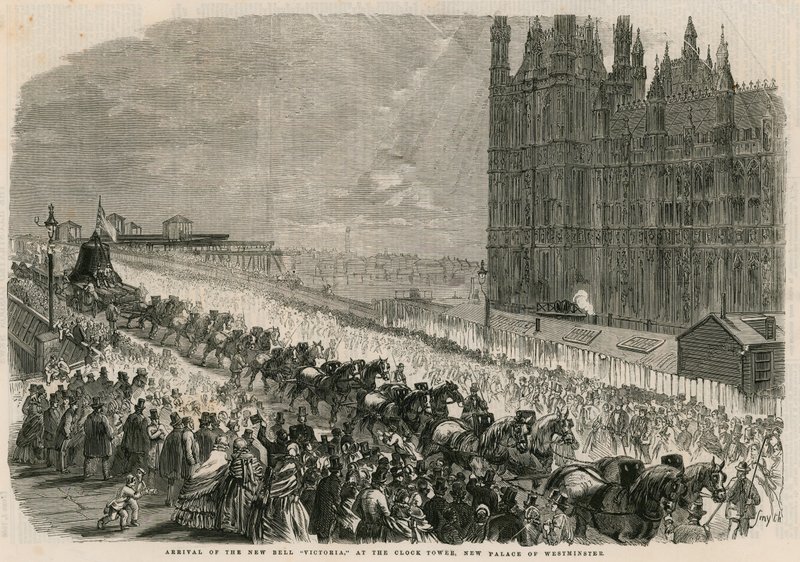 Arrival of the new bell Victoria at the Clock Tower, new Palace of Westminster by English School