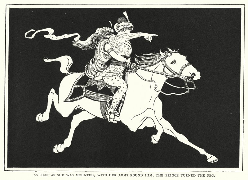 As soon as she was mounted, with her arms round him, the prince turned the peg by English School