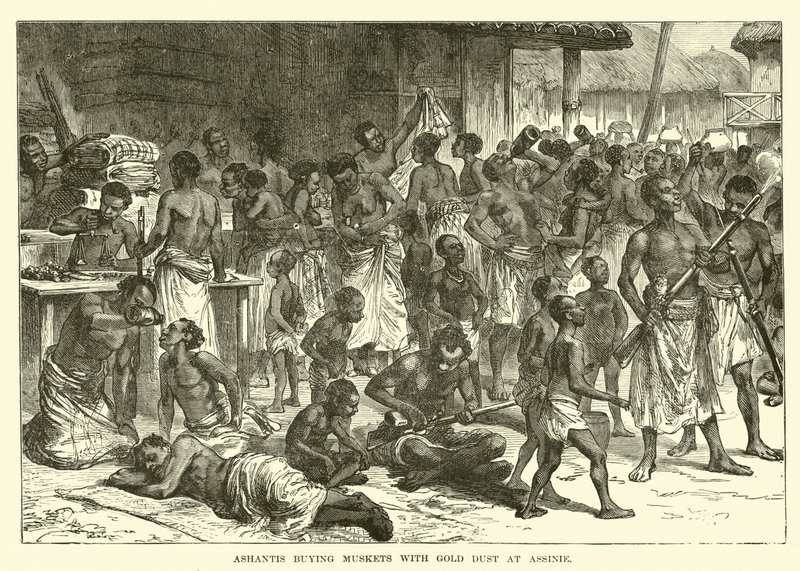 Ashantis buying muskets with gold dust at Assinie by English School