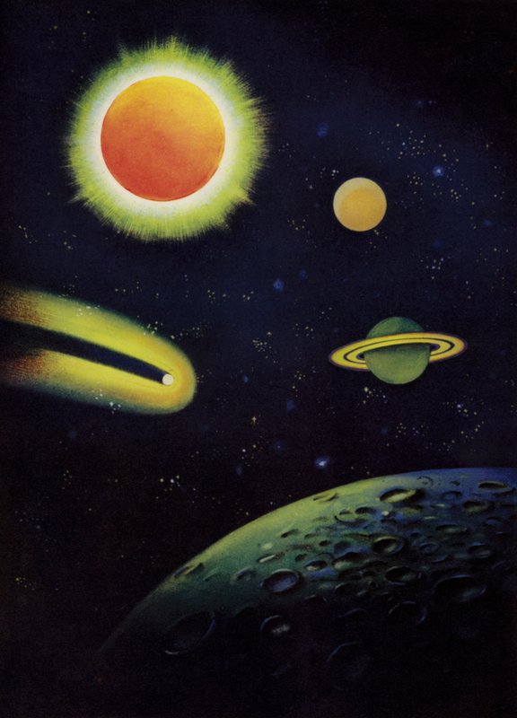 Astronomical objects: the Sun, showing its corona; the planets Mars and Saturn; Coggia