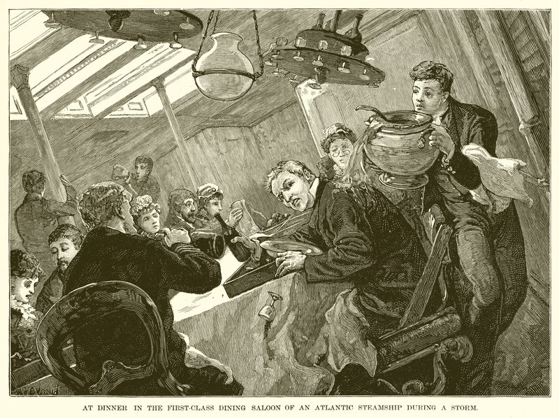 At Dinner in the First-Class Dining Saloon of an Atlantic Steamship during a Storm by English School