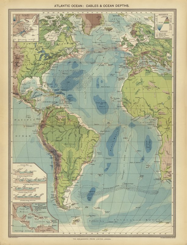 Atlantic Ocean, Cables and Ocean Depths by English School