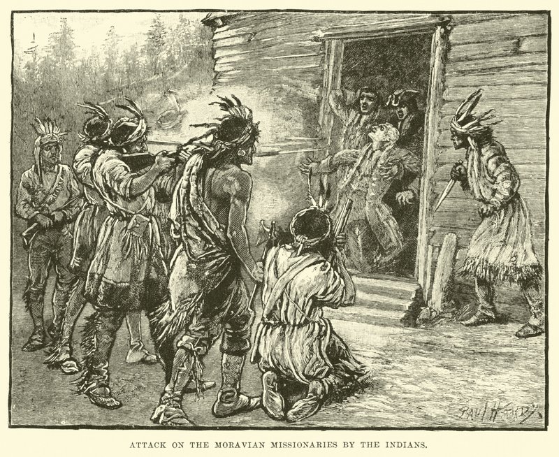 Attack on the Moravian Missionaries by the Indians by English School