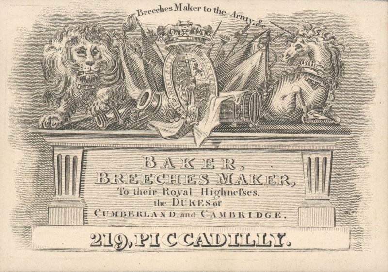 Baker, Breeches Maker, 219 Piccadilly, Trade Card by English School