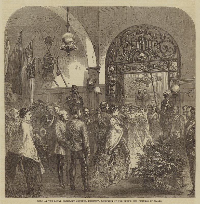 Ball at the Royal Artillery Grounds, Finsbury, Reception of the Prince and Princess of Wales (engraving) by English School