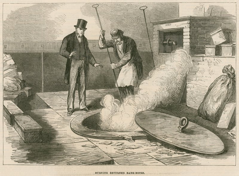 Bank of England, Burning Returned Bank Notes by English School